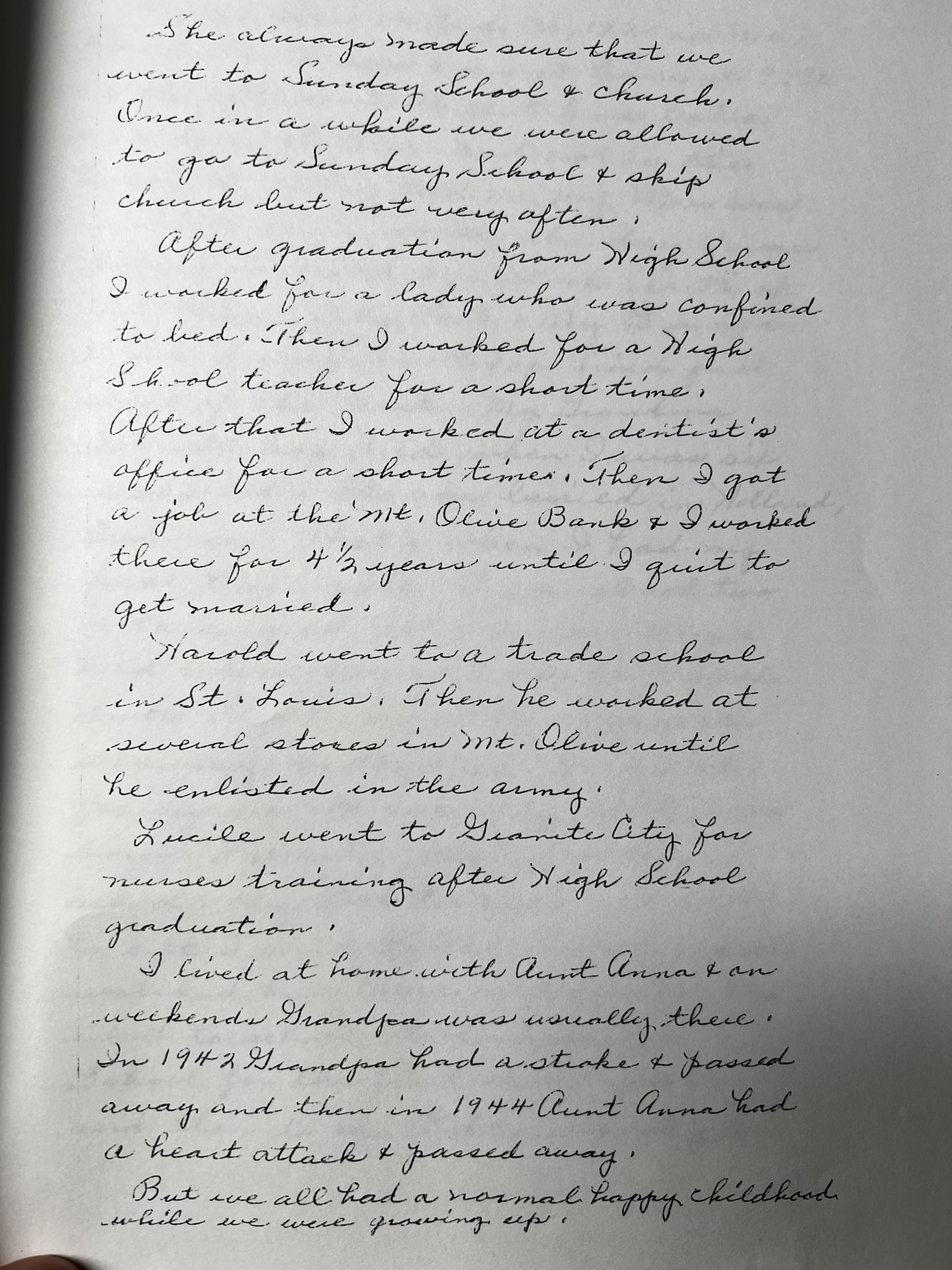 Handwritten page 5 — life with Aunt Anna, church, and going to work