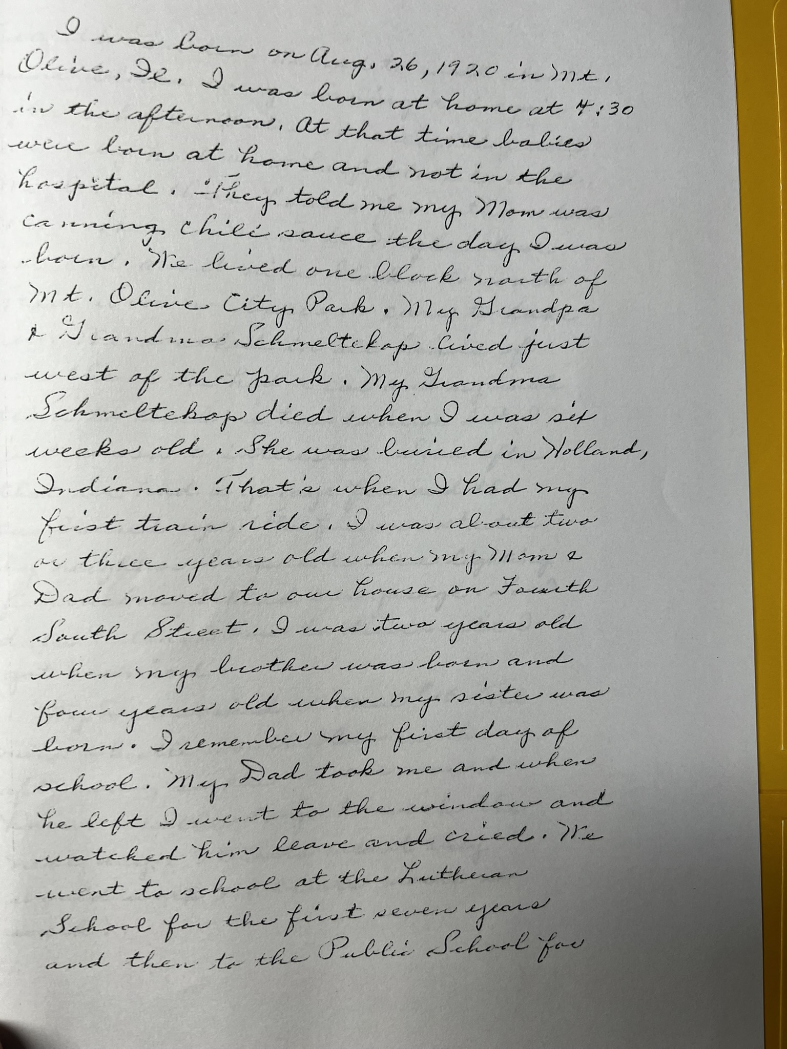 Handwritten page 6 — Elizabeth's birth in Mt. Olive, Illinois, August 26, 1920