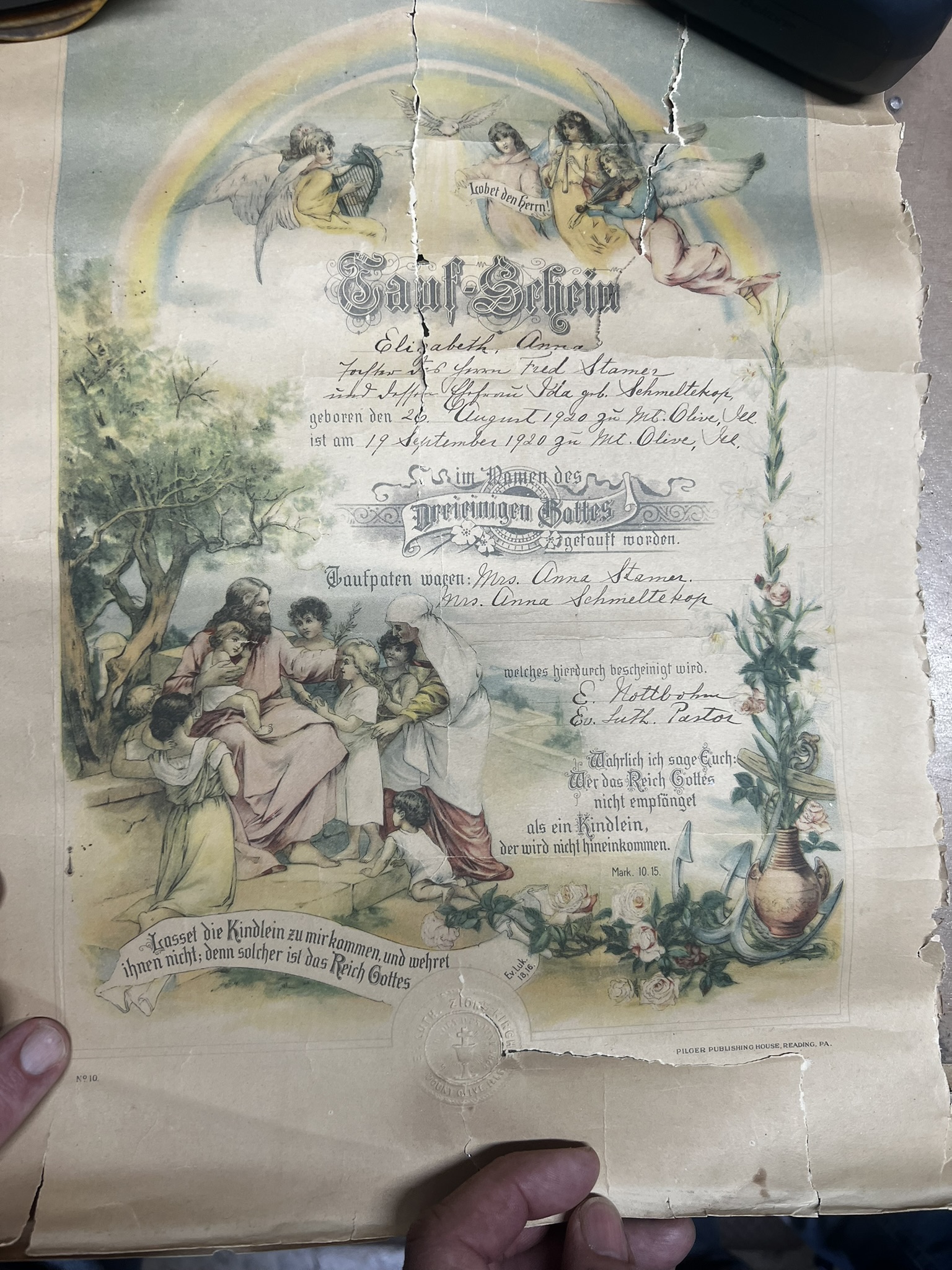 Ann's ornate German Lutheran baptism certificate, dated September 17, 1924, with engraved angels and Gothic script